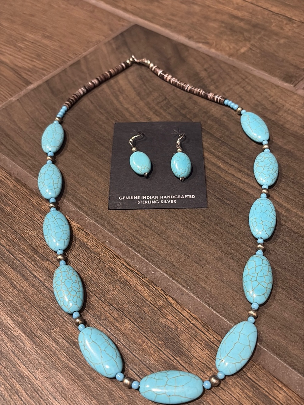 Handcrafted Faux Turquoise Bead Necklace and Earring Set - Sterling Silver